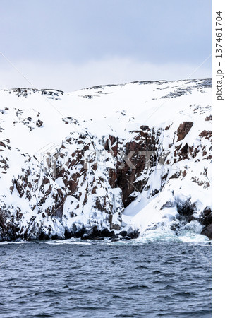 snowy rocky shore of Barents Sea in Teriberka snowy rocky shore of Barents Sea in Teriberka 137461704