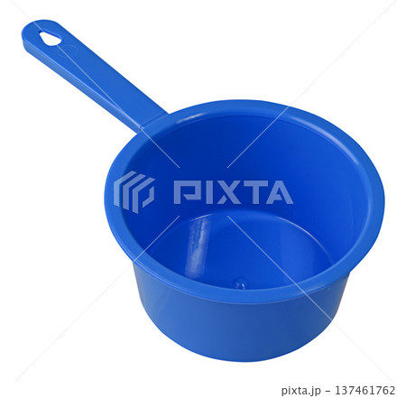 Empty plastic kitchen ladle of blue color with long handle, isolated background Empty plastic kitchen ladle of blue color with long handle, isolated background 137461762
