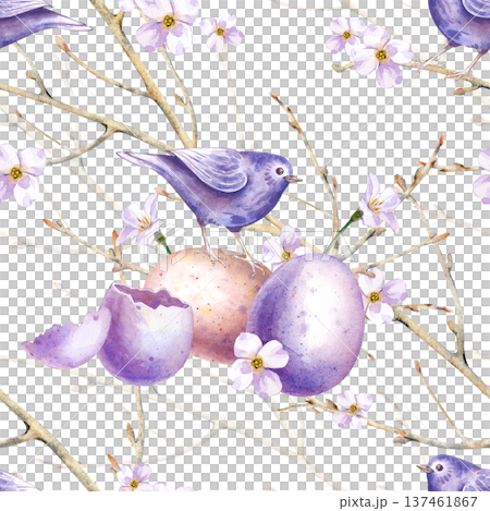 Seamless watercolor pattern with a small blue bird, painted eggs, bare tree branches and white flowers. Botanical illustration on an isolated background. A spring background for Easter and spring Seamless watercolor pattern with a small blue bird, painted eggs, bare tree branches and white flowers. Botanical illustration on an isolated background. A spring background for Easter and spring 137461867