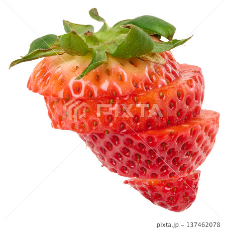 Ripe strawberries, cut into even circles and folded into a berry shape, on a white background Ripe strawberries, cut into even circles and folded into a berry shape, on a white background 137462078