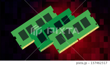 Green DDR RAM Memory Modules Computer Hardware Components Floating Against Dark Red Background Green DDR RAM Memory Modules Computer Hardware Components Floating Against Dark Red Background 137462317