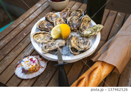 Fresh Raw Oysters with Citron, Baguette, Butter, and Cider 137462526
