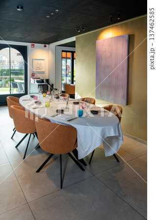 Private exhibition dining environment with curated art pieces and contemporary decor surroundings Private exhibition dining environment with curated art pieces and contemporary decor surroundings 137462585
