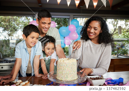 Birthday cake, excited and family at party to celebrate and cut slice together for dessert. Fun, surprise or event with happy mother, father and young children at a table for celebration or holiday Birthday cake, excited and family at party to celebrate and cut slice together for dessert. Fun, surprise or event with happy mother, father and young children at a table for celebration or holiday 137462592