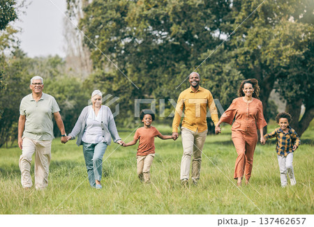 Portrait, holding hands and happy family at a park walking, bond and having fun in nature together. Love, smile and children with parents, grandparents and freedom, support and trust on forest walk Portrait, holding hands and happy family at a park walking, bond and having fun in nature together. Love, smile and children with parents, grandparents and freedom, support and trust on forest walk 137462657