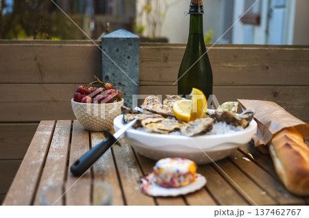 Fresh Raw Oysters with Citron, Baguette, Butter, and Cider Fresh Raw Oysters with Citron, Baguette, Butter, and Cider 137462767