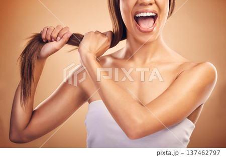 Shouting, hair care and frustrated woman with beauty and strong texture for growth isolated in studio brown background. Angry, skincare and person with cosmetics aesthetic or haircut with shampoo 137462797
