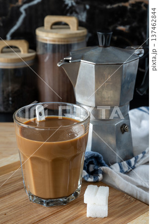 Brewed Coffee Cup on Wooden Surface Tray Brewed Coffee Cup on Wooden Surface Tray 137462844