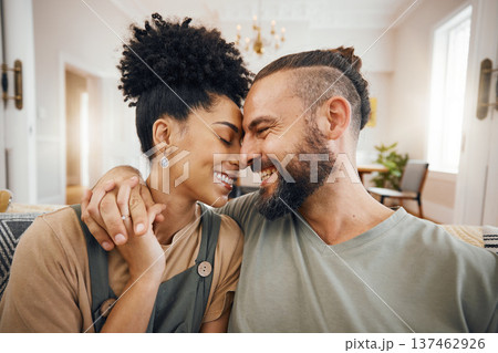 Home, forehead or couple with love, smile or romantic with happiness, relationship or relax in a lounge. Commitment, man or woman on a sofa, marriage or romance with bonding, trust or loving together Home, forehead or couple with love, smile or romantic with happiness, relationship or relax in a lounge. Commitment, man or woman on a sofa, marriage or romance with bonding, trust or loving together 137462926