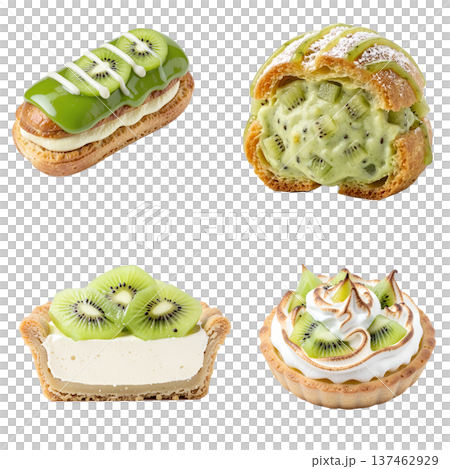 Assortment of kiwi desserts including tarts, pastry, eclair, isolated. Perfect for fruit-themed bakeries and fresh ingredient concepts Assortment of kiwi desserts including tarts, pastry, eclair, isolated. Perfect for fruit-themed bakeries and fresh ingredient concepts 137462929