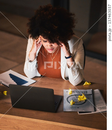 Business woman, stress and headache on laptop of project proposal, report and planning, research or job deadline at night. African person, worker or editing with pain, anxiety or tired on computer 137463037