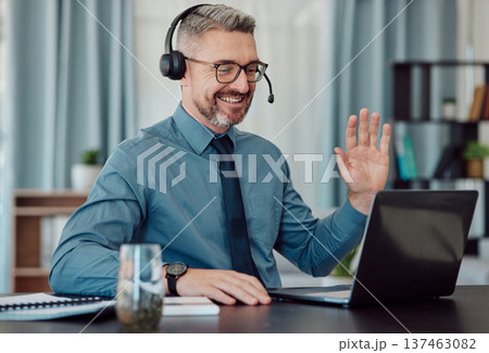 Senior, happy man and call center in virtual meeting, customer service or telemarketing at the office. Mature businessman, consultant or agent smile in online advice, help or contact us at workplace Senior, happy man and call center in virtual meeting, customer service or telemarketing at the office. Mature businessman, consultant or agent smile in online advice, help or contact us at workplace 137463082