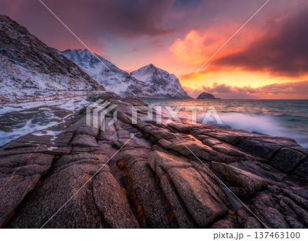 Dramatic winter seascape on the Lofoten Islands in Norway 137463100