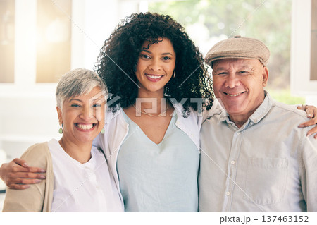 Family, senior and portrait of woman with parents happy in a home together for bonding on vacation or holiday. Retirement, smile and elderly father with mother and daughter in house for love and care 137463152
