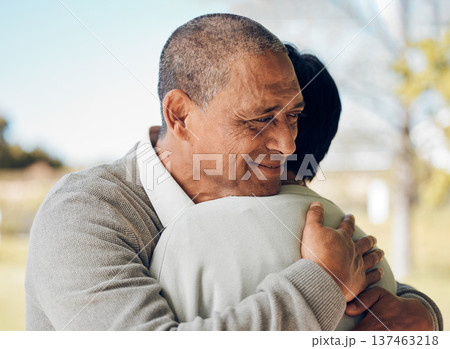 Mature couple hug in park, love and support, trust with bonding and marriage while outdoor. Life partner, retirement together and romance, people in garden with healthy relationship and care 137463218