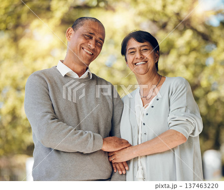 Portrait, outdoor and senior couple holding hands, love and smile with support, relationship and romance. Marriage, old man and mature woman in a park, loving together and retirement with bonding 137463220