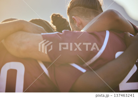 Huddle, sports and teamwork with people on field for health, challenge and championship. Support, community and rugby match with group of men training in stadium for fitness, friends and games 137463241