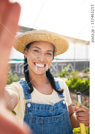 Selfie, smile and a farmer woman in a greenhouse for agriculture or sustainability in the harvest season. Portrait, farming and a happy young female person in a farm garden for eco friendly growth 137463253