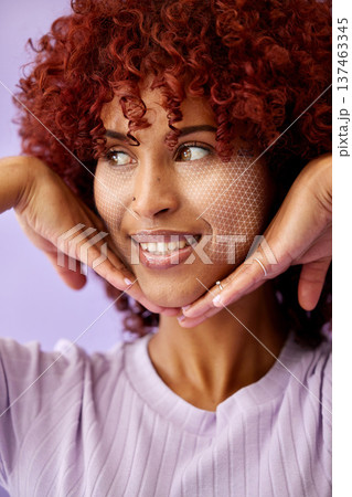 Beauty, skincare and woman with face recognition for natural, wellness and health routine. Self care, digital hologram and young model with facial cosmetic treatment overlay by a studio background. 137463345