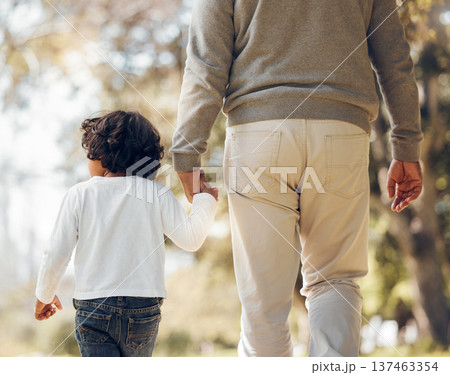 Back, holding hands or kid with a grandfather in park for walking or bonding together family care. Parent, kindness or senior man with a child for support, trust or loyalty in nature garden for love 137463354