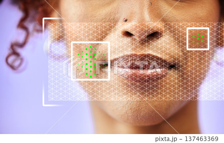 Dermatology, skincare and face of woman with overlay isolated in a studio purple background for wellness. Beauty, care and person with analysis of skin, product benefits and facial information 137463369