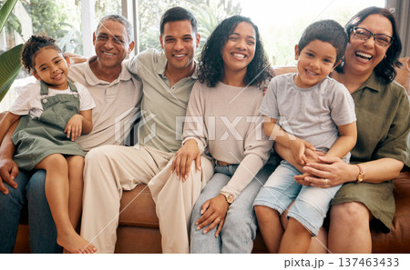 Happy big family, portrait and bonding on holiday, weekend or break in relax on living room sofa at home. Parents, grandparents and children smile in happiness, love or care together at the house 137463433