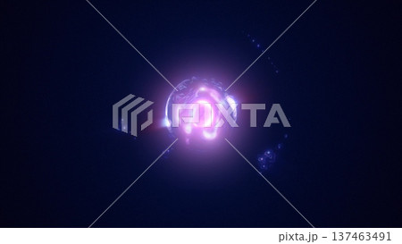 Abstract purple energy sphere with flying glowing bright particles, science futuristic atom with electrons hi-tech background Abstract purple energy sphere with flying glowing bright particles, science futuristic atom with electrons hi-tech background 137463491