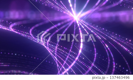 Flowing purple light trails in a futuristic digital wave pattern on a dark background 137463496