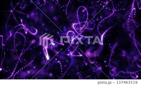 Abstract glowing purple lines swirling through dark space, creating an energetic digital visual with particles and light trails 137463519