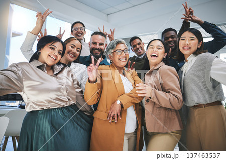 Happy, peace sign and portrait of business people in the office for team building or bonding. Smile, diversity and group of creative designers with manager having fun with goofy gesture in workplace. 137463537