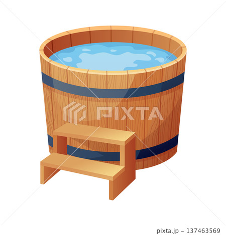 Wooden bath. Wood tub, cartoon rustic water bath barrel for public sauna traditional banya or onsen japanese hot spring, wellness relaxing bathtub basin neat vector illustration of tub bath wooden 137463569