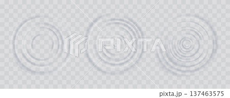 Water ripple effect top view set. Realistic caustic drop or sound wave splash effects, concentric circles in puddle. Vector set round wave surfaces on transparent background Water ripple effect top view set. Realistic caustic drop or sound wave splash effects, concentric circles in puddle. Vector set round wave surfaces on transparent background 137463575