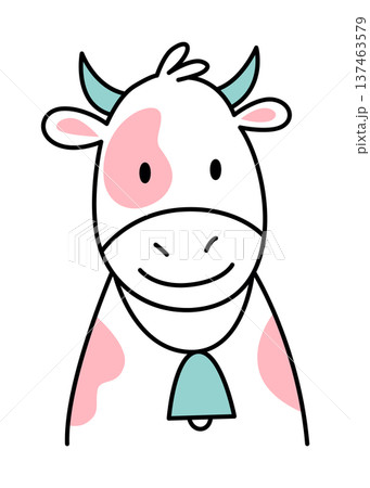 Colorful farm animal sketch. Playful farm mascot with pastel colors and friendly expression. Cheerful pinkspotted cow headshot designed for children with soft pastel tones 137463579