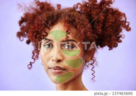 Skincare, overlay and portrait of woman for beauty, facial treatment and wellness in studio. Dermatology, mockup and hologram on person for anti aging, oily face and cosmetics on blue background Skincare, overlay and portrait of woman for beauty, facial treatment and wellness in studio. Dermatology, mockup and hologram on person for anti aging, oily face and cosmetics on blue background 137463600
