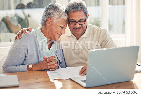 Senior couple, documents and computer for home, investment or budget, retirement or pension with love and hug. Elderly woman and man on laptop for asset management, loan agreement and life insurance Senior couple, documents and computer for home, investment or budget, retirement or pension with love and hug. Elderly woman and man on laptop for asset management, loan agreement and life insurance 137463606