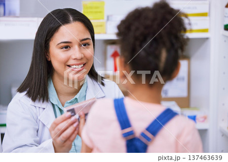 Pharmacist, woman and child with medicine in pharmacy, pills or supplements, sick with help and retail. People in store, drugs and wellness, trust and healthcare, prescription medication and illness 137463639