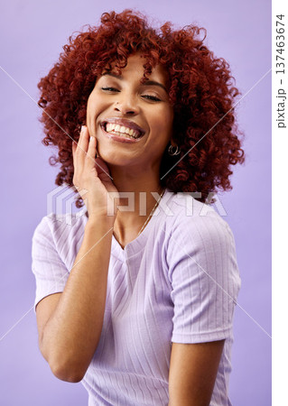 Cosmetic, skincare and portrait of happy woman in studio for natural, beauty and glamour routine. Makeup, smile and face of Mexican young model with facial cosmetology treatment by purple background. 137463674
