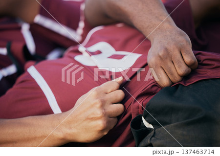 Rugby, teamwork and scrum with people on field for challenge, hands and sports match. Fitness, performance and goal with closeup of group of athletes in stadium for game and training together 137463714