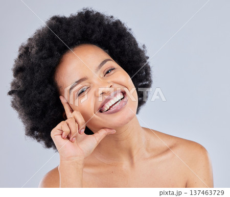 Skincare, beauty and portrait of woman in studio for wellness, beauty products and cosmetics. Salon, luxury spa and face of African person smile for glamour, makeover and facial on gray background 137463729