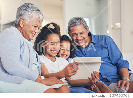 Family. grandparents and children on tablet for selfie, video streaming and e learning, online education or games on sofa. Senior people and kids on digital technology for profile picture photography 137463762