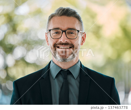 Mature man, business and portrait outdoor with glasses for professional career and positive attitude. Face of happy entrepreneur or CEO person with pride, confidence and smile for corporate growth Mature man, business and portrait outdoor with glasses for professional career and positive attitude. Face of happy entrepreneur or CEO person with pride, confidence and smile for corporate growth 137463778