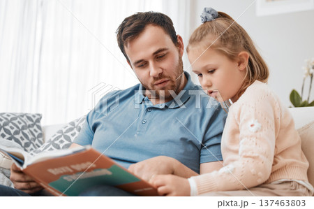 Bonding, reading and father and child with a book on the sofa for learning or knowledge. Relax, family and a man, dad or girl kid with a story for education or teaching together in a home living room 137463803