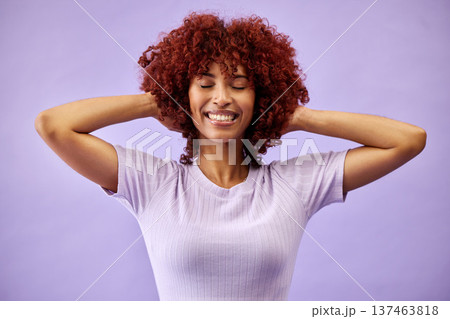 Beauty, smile and woman with natural hair in studio for cosmetic, fun or care on purple background. Happy, haircare and face of lady model with red afro, dye and color, texture or growth satisfaction 137463818