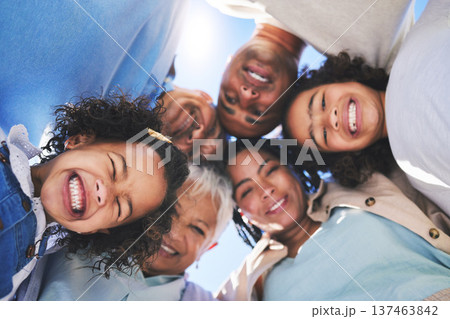 Happy family, face and smile in bonding, support or unity below together on weekend or summer vacation. Low angle of parents, grandparents and children huddle in happiness for fun holiday getaway Happy family, face and smile in bonding, support or unity below together on weekend or summer vacation. Low angle of parents, grandparents and children huddle in happiness for fun holiday getaway 137463842