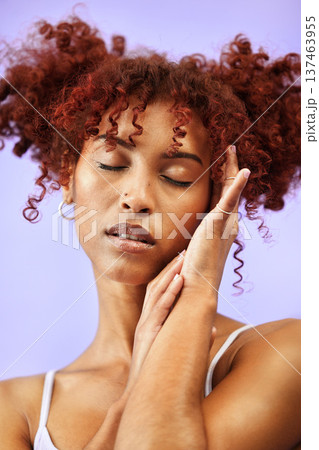 Beauty studio, eyes closed and woman feel skin treatment, aesthetic transformation and cosmetic collagen. Relax, foundation makeup and model wellness, clean face or facial change on purple background 137463955