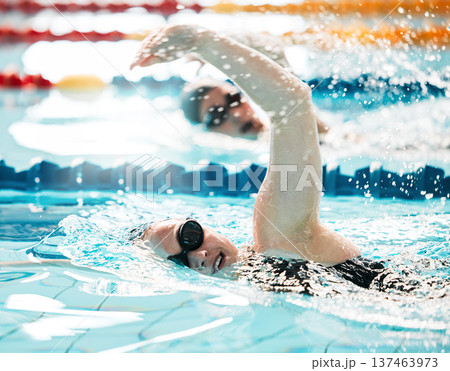 Sports, water splash or people training in swimming pool in a race competition, exercise or cardio workout. Swimmer, fast or athletes with energy or speed in fitness performance or practice challenge 137463973
