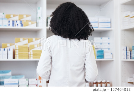 Healthcare woman, pharmacy and medicine on shelf with pills or medication for inspection or inventory. Back of pharmacist person or medical staff to check stock or pharmaceutical product at drugstore 137464012