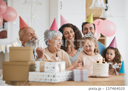 Happy birthday, gift and big family celebrate with cake in a home party, event and candles in a house together. Mother, father and grandparents excited for surprise gathering with children or kids Happy birthday, gift and big family celebrate with cake in a home party, event and candles in a house together. Mother, father and grandparents excited for surprise gathering with children or kids 137464020