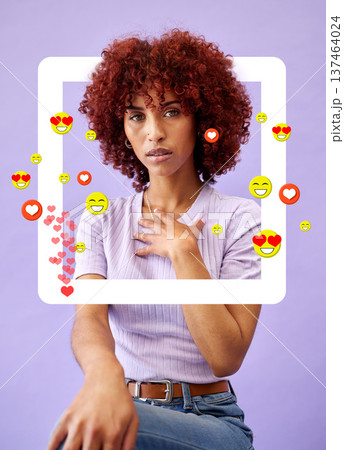 Portrait of woman influencer, social media and emoji in studio to like, subscribe and review. Frame, face and streamer girl on purple background with notification icon overlay, opinion and networking Portrait of woman influencer, social media and emoji in studio to like, subscribe and review. Frame, face and streamer girl on purple background with notification icon overlay, opinion and networking 137464024