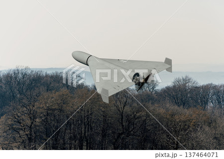 Strike unmanned aircraft performs combat flight above forest landscape. Strike unmanned aircraft performs combat flight above forest landscape. 137464071